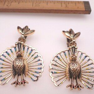 Vintage Globus Earrings Gold Tone Foreign Enameled Peacock 2"
